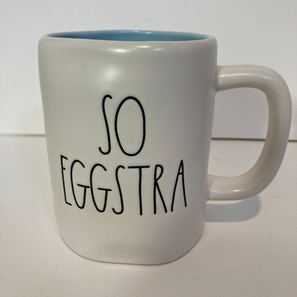 RAE DUNN SO EGGSTRA Matte Blue White Coffee Tea Mug by Magenta Easter Egg 16oz